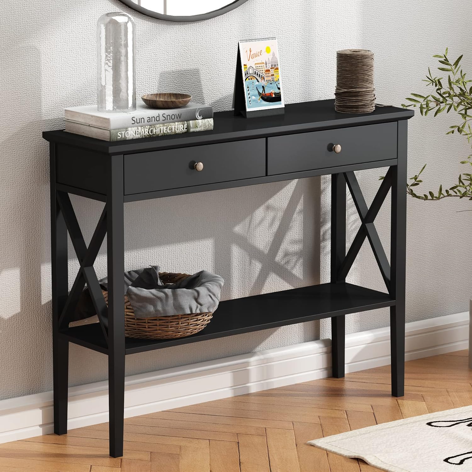 Entryway Table with Drawers and Storage Shelf