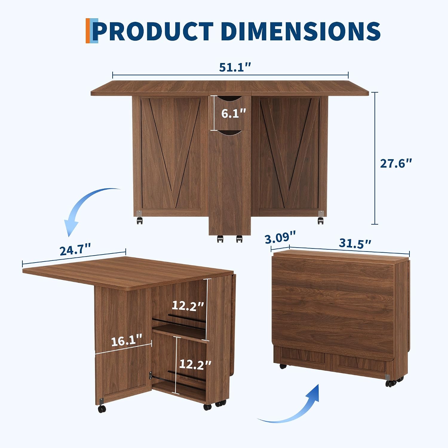 Folding Dining Table with Storage, Folding Kitchen Table with 6 Wheels, Drawer & Shelves, Compact Dining Table for Small Spaces