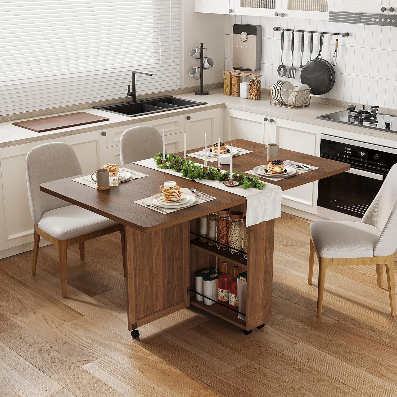 Folding Dining Table with Storage, Folding Kitchen Table with 6 Wheels, Drawer & Shelves, Compact Dining Table for Small Spaces