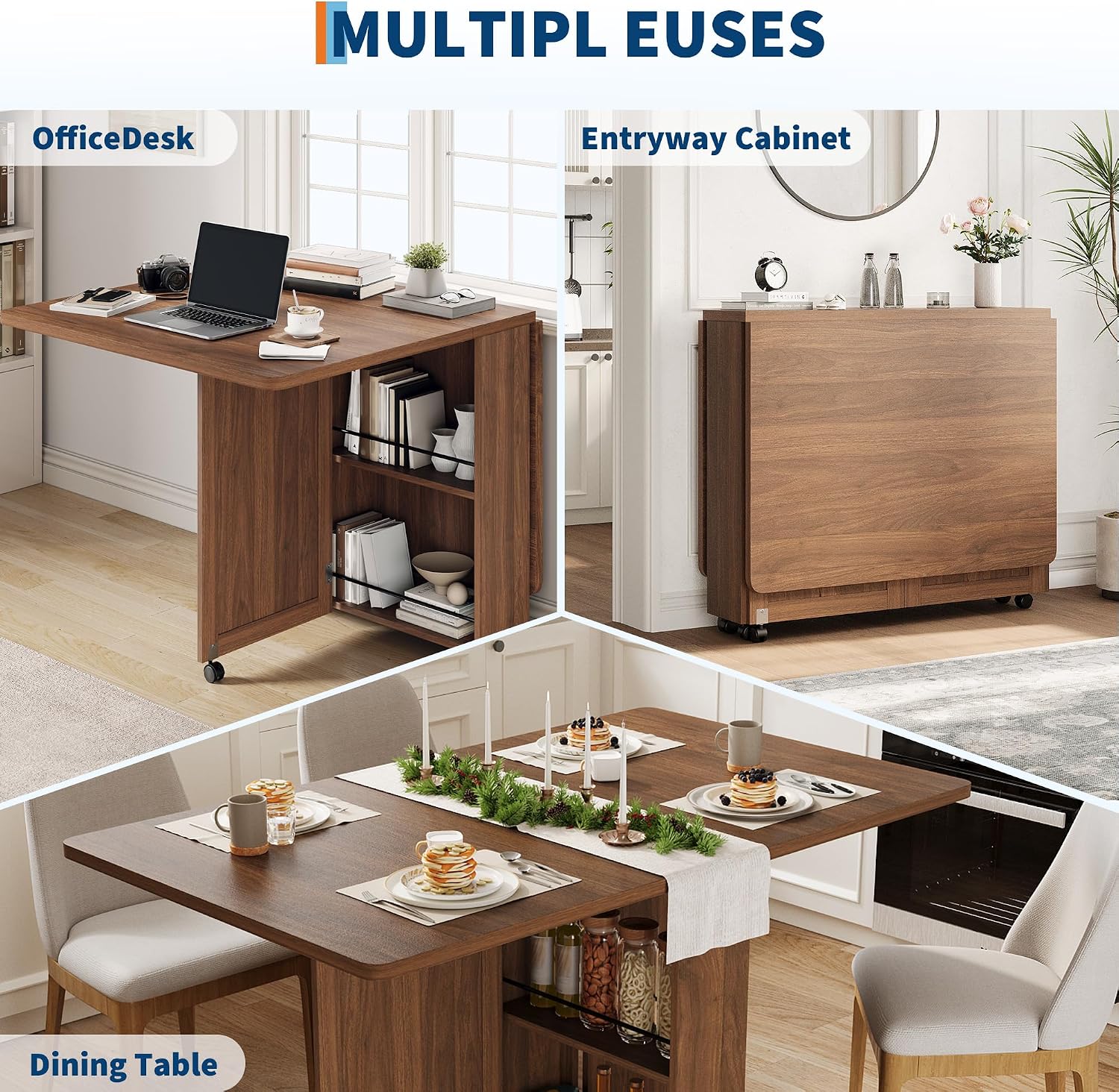 Folding Dining Table with Storage, Folding Kitchen Table with 6 Wheels, Drawer & Shelves, Compact Dining Table for Small Spaces