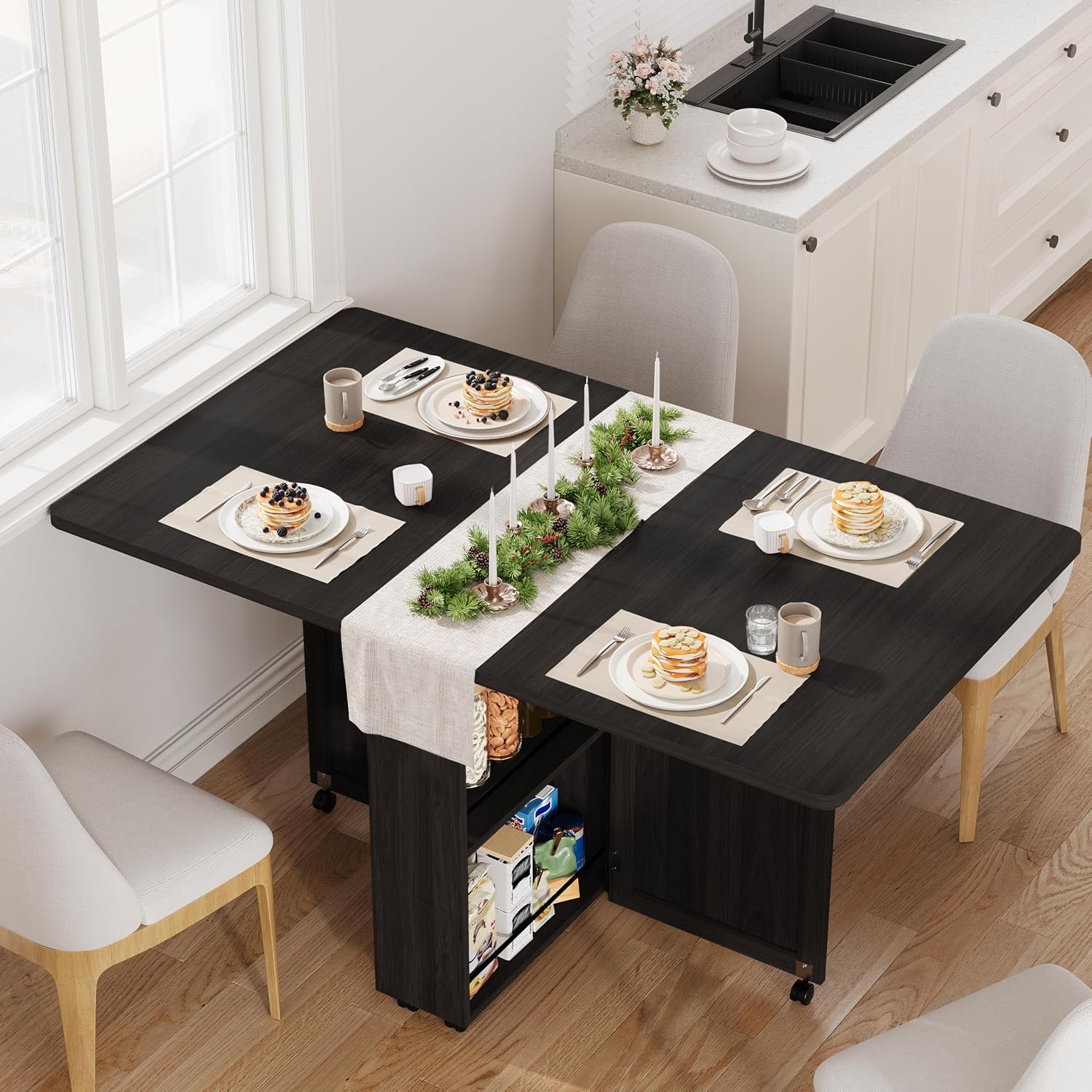Folding Dining Table with Storage, Folding Kitchen Table with 6 Wheels, Drawer & Shelves, Compact Dining Table for Small Spaces