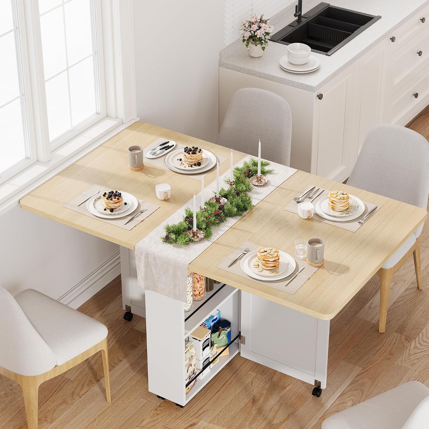 Folding Dining Table with Storage, Folding Kitchen Table with 6 Wheels, Drawer & Shelves, Compact Dining Table for Small Spaces