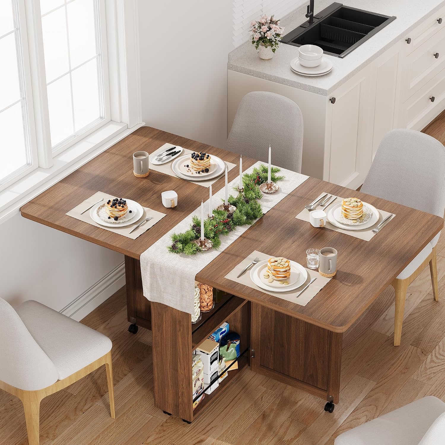 Folding Dining Table with Storage, Folding Kitchen Table with 6 Wheels, Drawer & Shelves, Compact Dining Table for Small Spaces