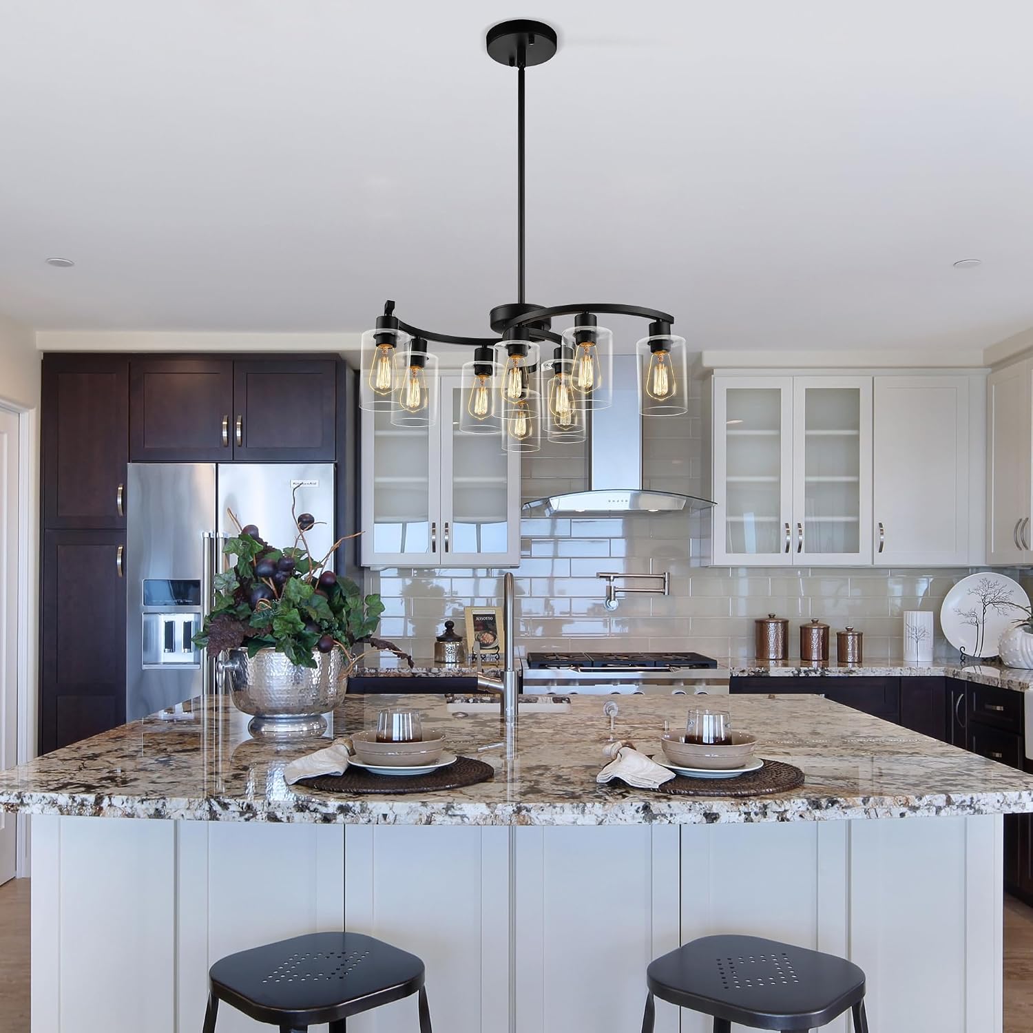 9-Light Black Modern Chandeliers for Dining Room, Adjustable Height Farmhouse Kitchen Island Lighting, Industrial Hanging Light Fixtures for Living Room Bedroom, Clear Glass Shade