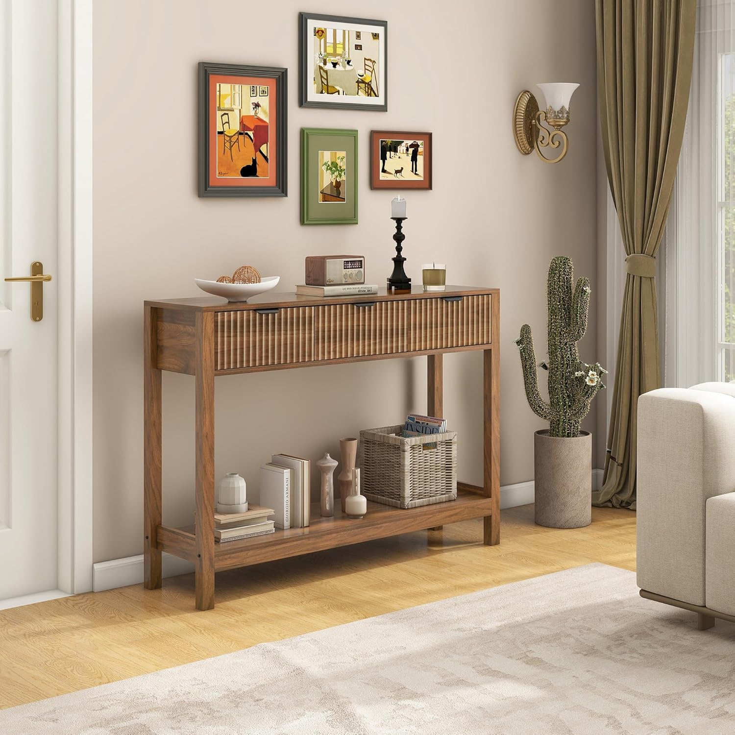 Fluted Console Table, Wooden Sofa Table with Storage and Drawers, Farmhouse Behind Couch Table Entryway Table for Entrance, Hallway, Living Room