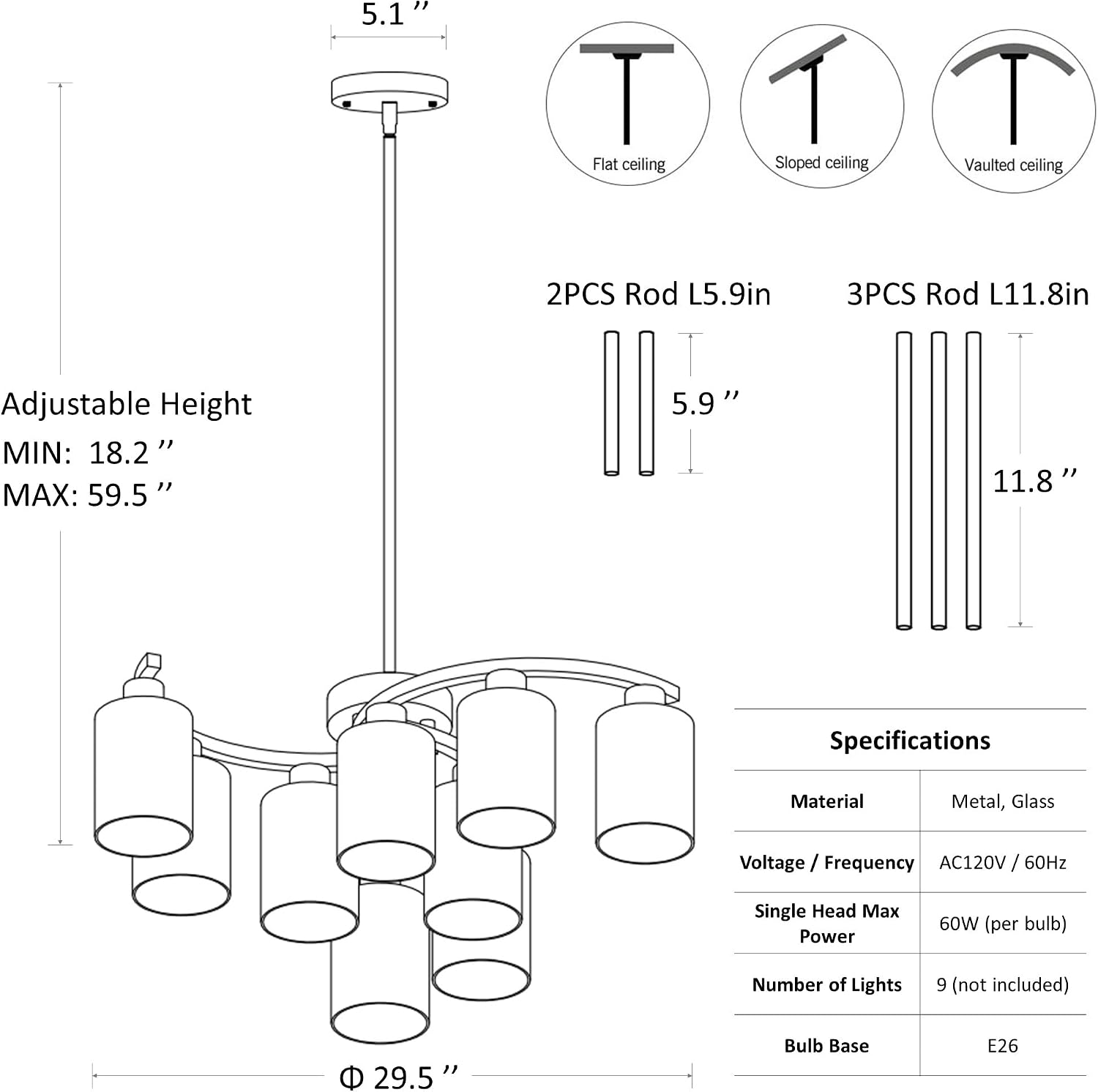 9-Light Black Modern Chandeliers for Dining Room, Adjustable Height Farmhouse Kitchen Island Lighting, Industrial Hanging Light Fixtures for Living Room Bedroom, Clear Glass Shade