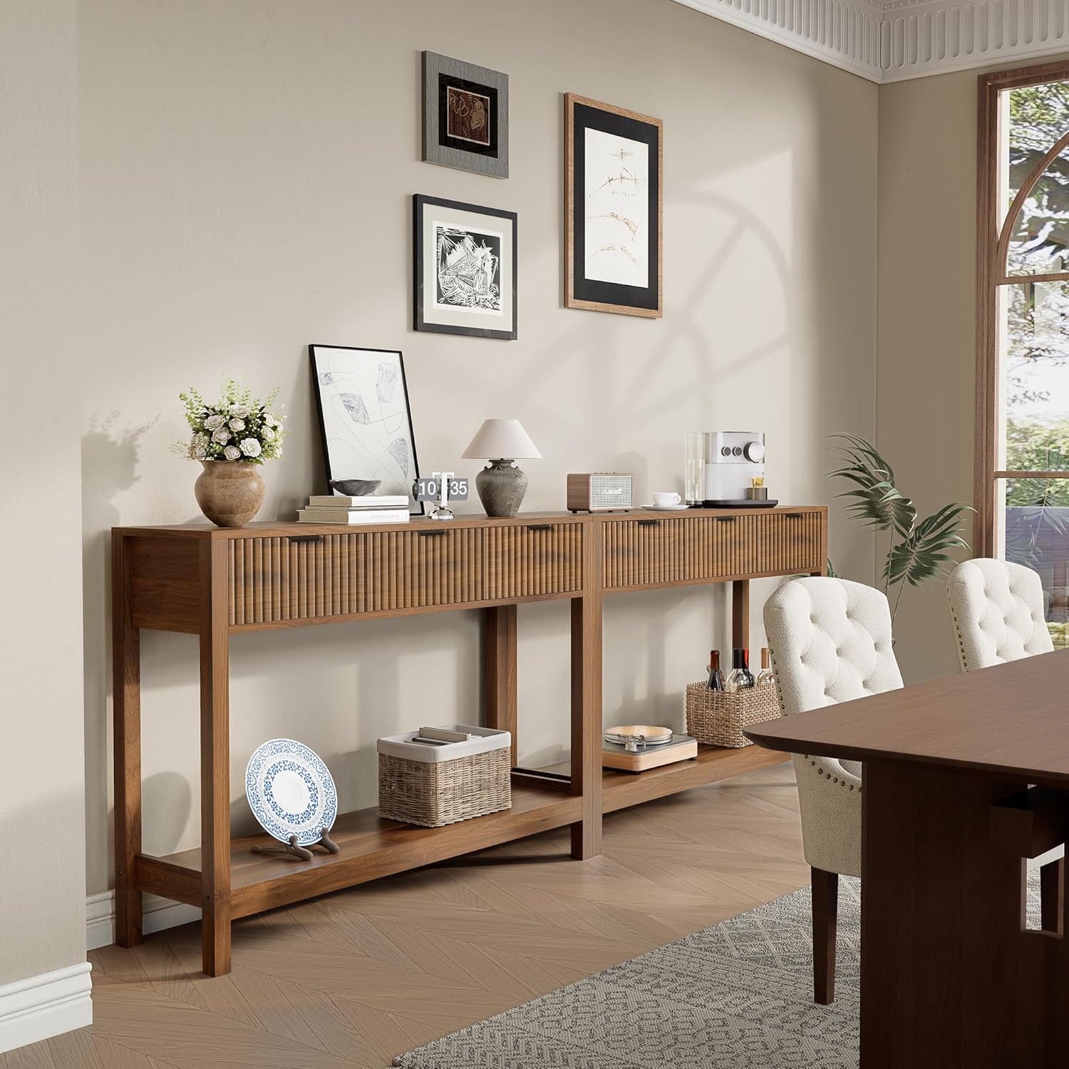 Fluted Console Table, Wooden Sofa Table with Storage and Drawers, Farmhouse Behind Couch Table Entryway Table for Entrance, Hallway, Living Room