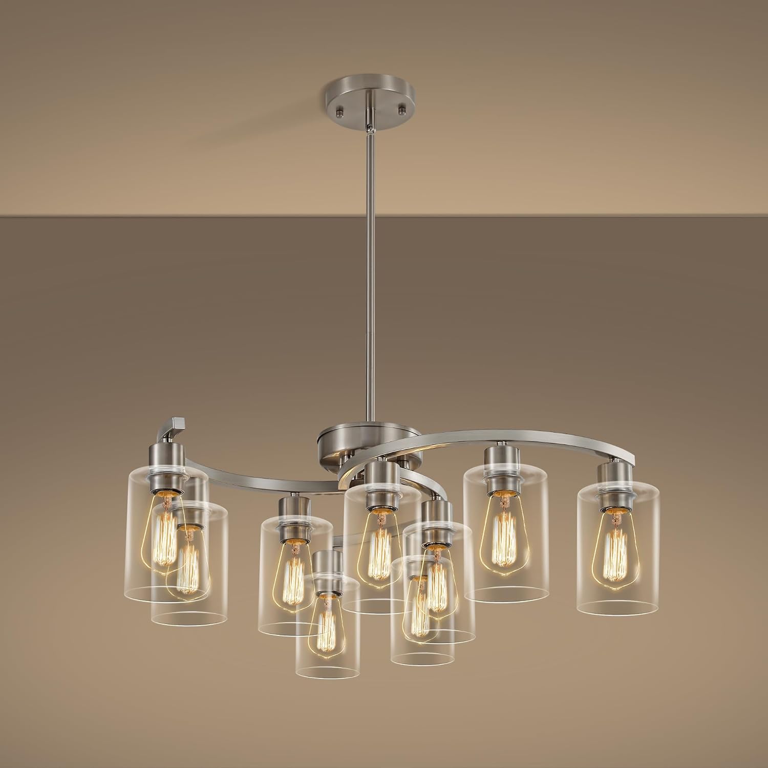9-Light Black Modern Chandeliers for Dining Room, Adjustable Height Farmhouse Kitchen Island Lighting, Industrial Hanging Light Fixtures for Living Room Bedroom, Clear Glass Shade