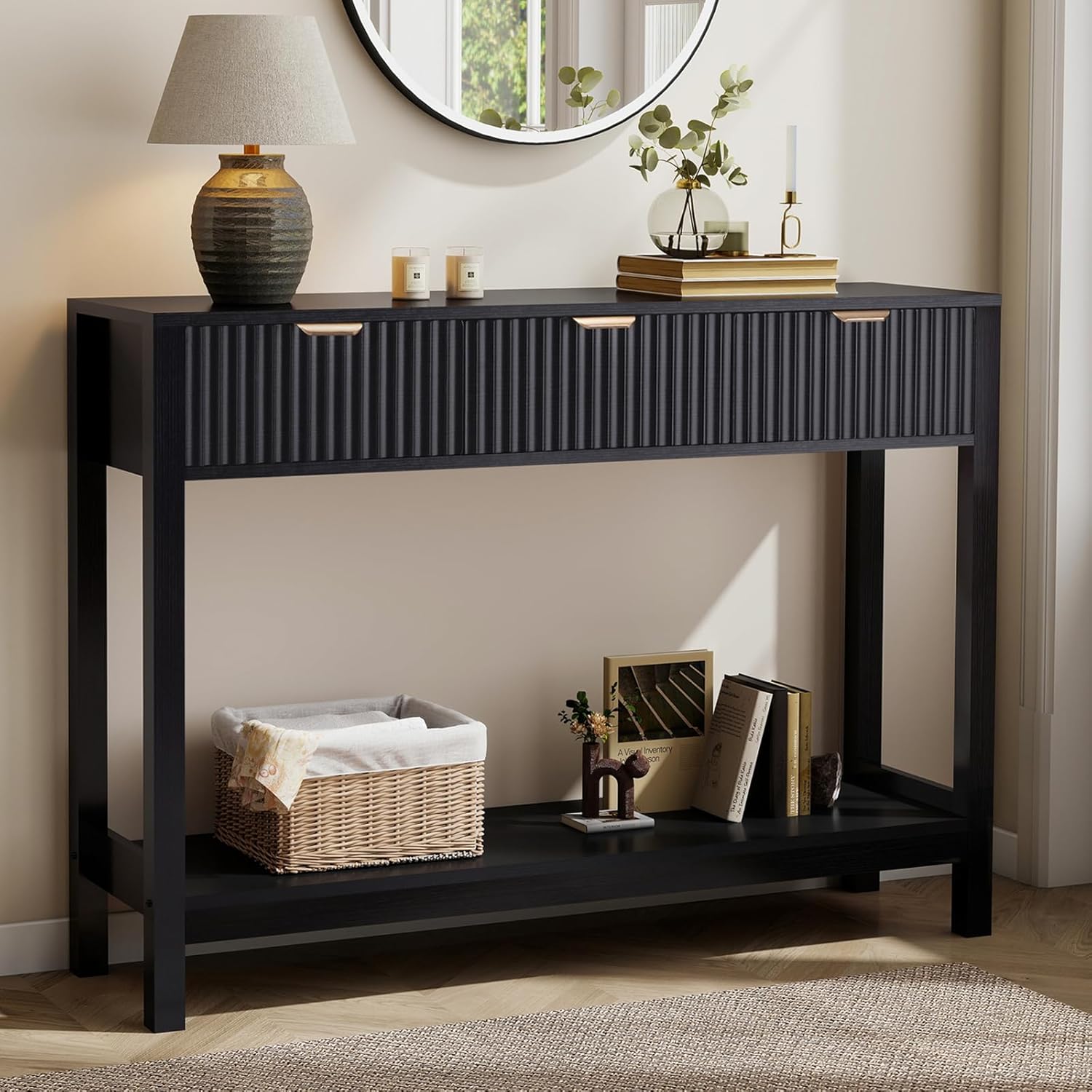 Fluted Console Table, Wooden Sofa Table with Storage and Drawers, Farmhouse Behind Couch Table Entryway Table for Entrance, Hallway, Living Room