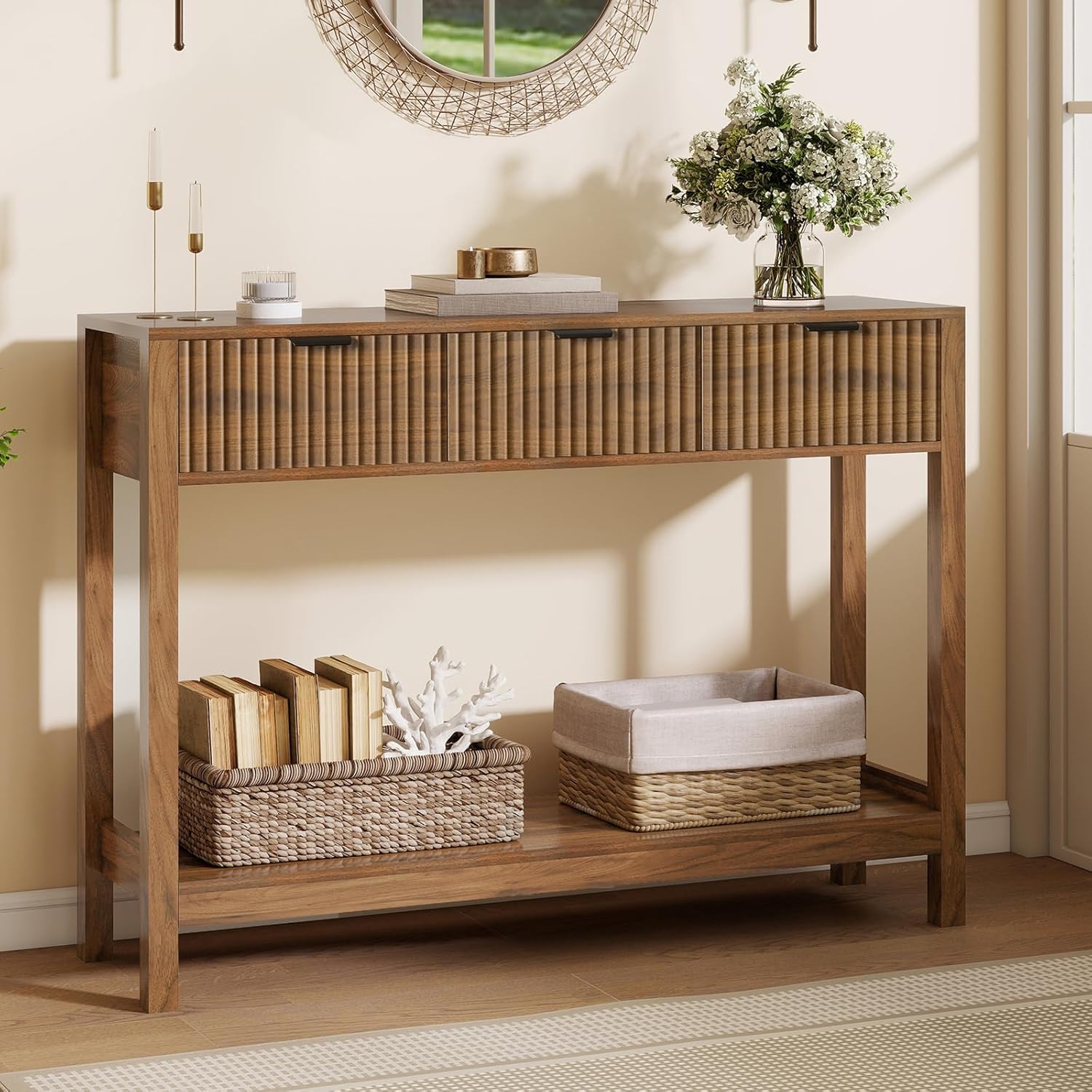 Fluted Console Table, Wooden Sofa Table with Storage and Drawers, Farmhouse Behind Couch Table Entryway Table for Entrance, Hallway, Living Room