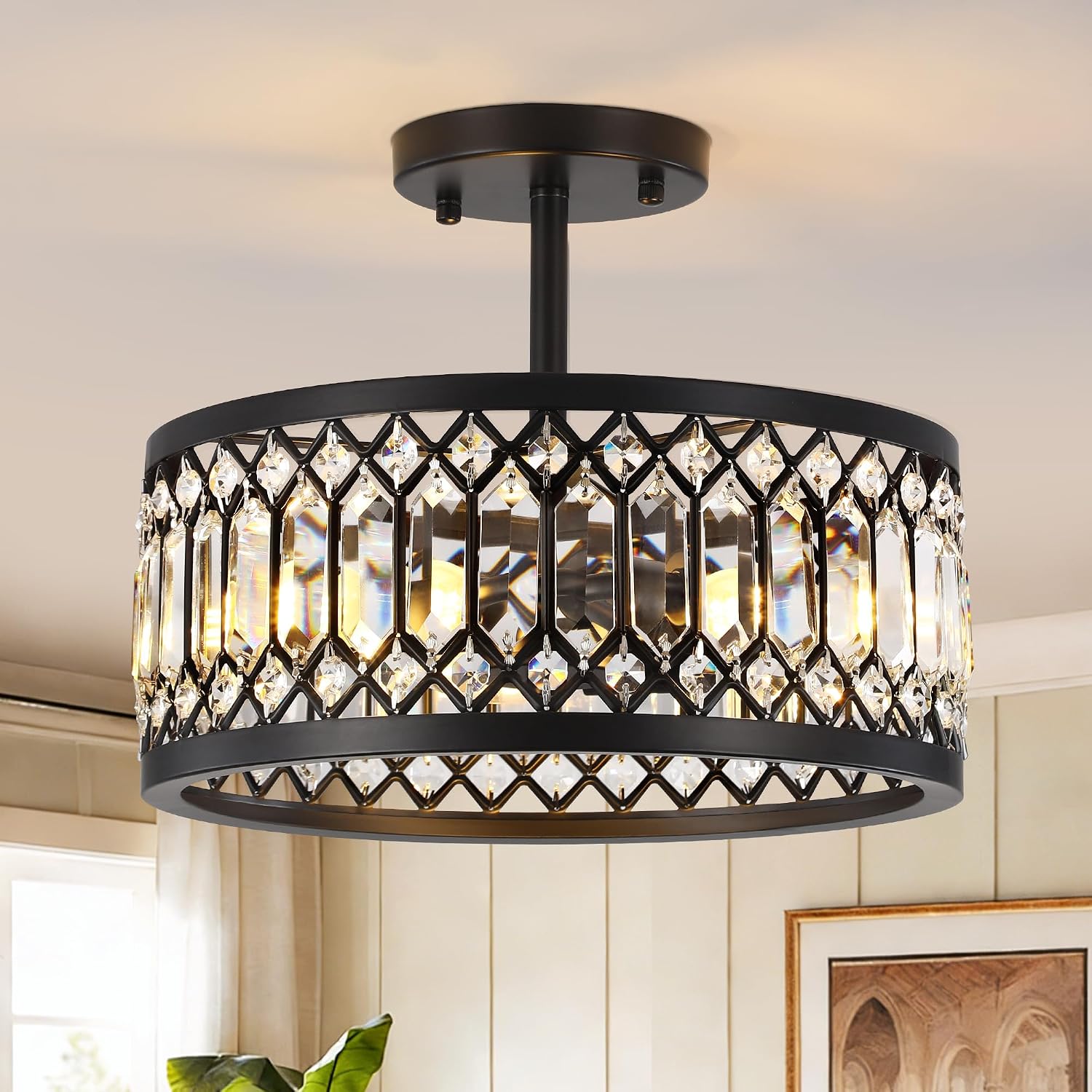 12.6" Crystal Semi Flush Mount Ceiling Light Fixture, 3-Light Antique Black Hallway Light Fixtures, Round Chandelier for Bathroom Entryway Closet Bedroom Kitchen Dining Room