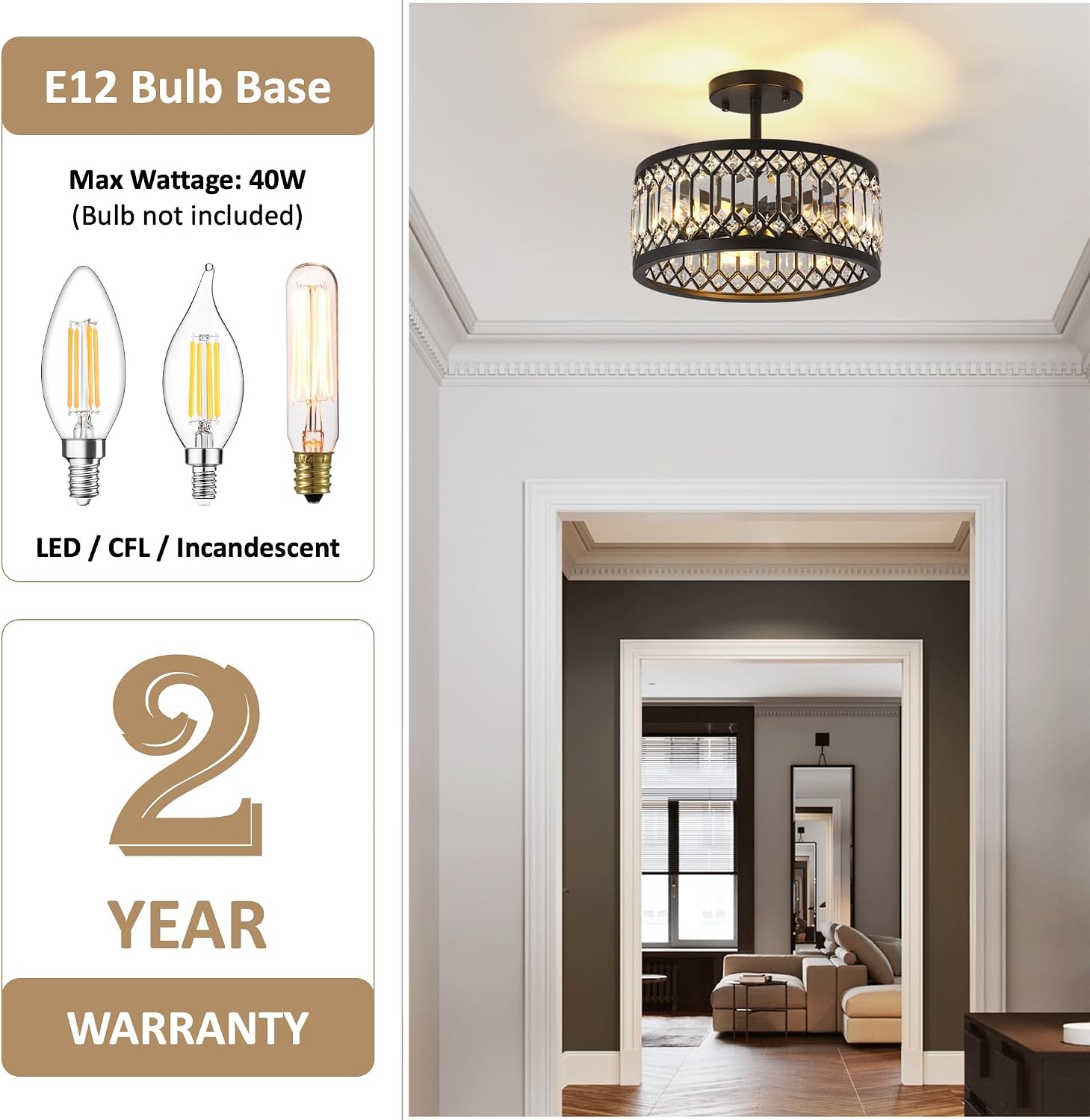 12.6" Crystal Semi Flush Mount Ceiling Light Fixture, 3-Light Antique Black Hallway Light Fixtures, Round Chandelier for Bathroom Entryway Closet Bedroom Kitchen Dining Room