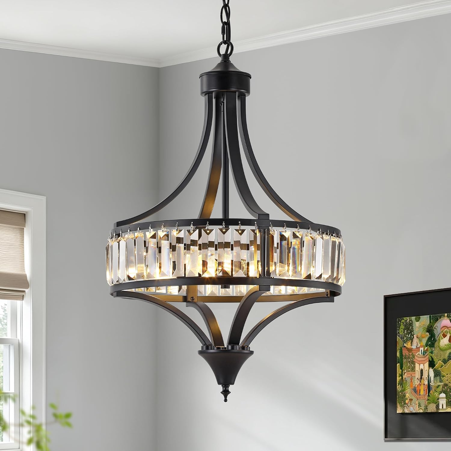16" Modern Black Crystal Chandelier, 4-Light Farmhouse Dining Room Light Fixtures Over Table Hanging, Antique Round Pendant Lights Kitchen Island Entryway Bedroom Office Stairwell Hallway