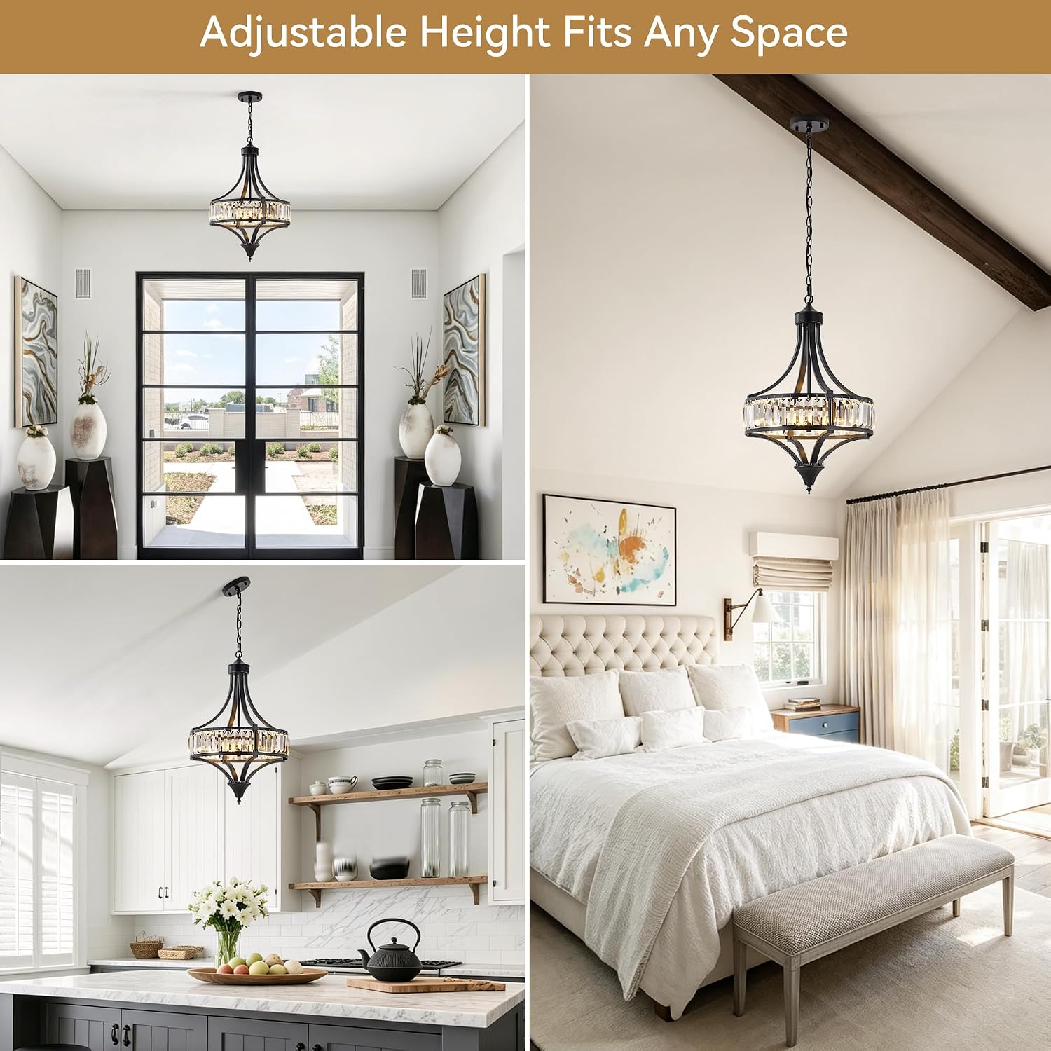 16" Modern Black Crystal Chandelier, 4-Light Farmhouse Dining Room Light Fixtures Over Table Hanging, Antique Round Pendant Lights Kitchen Island Entryway Bedroom Office Stairwell Hallway