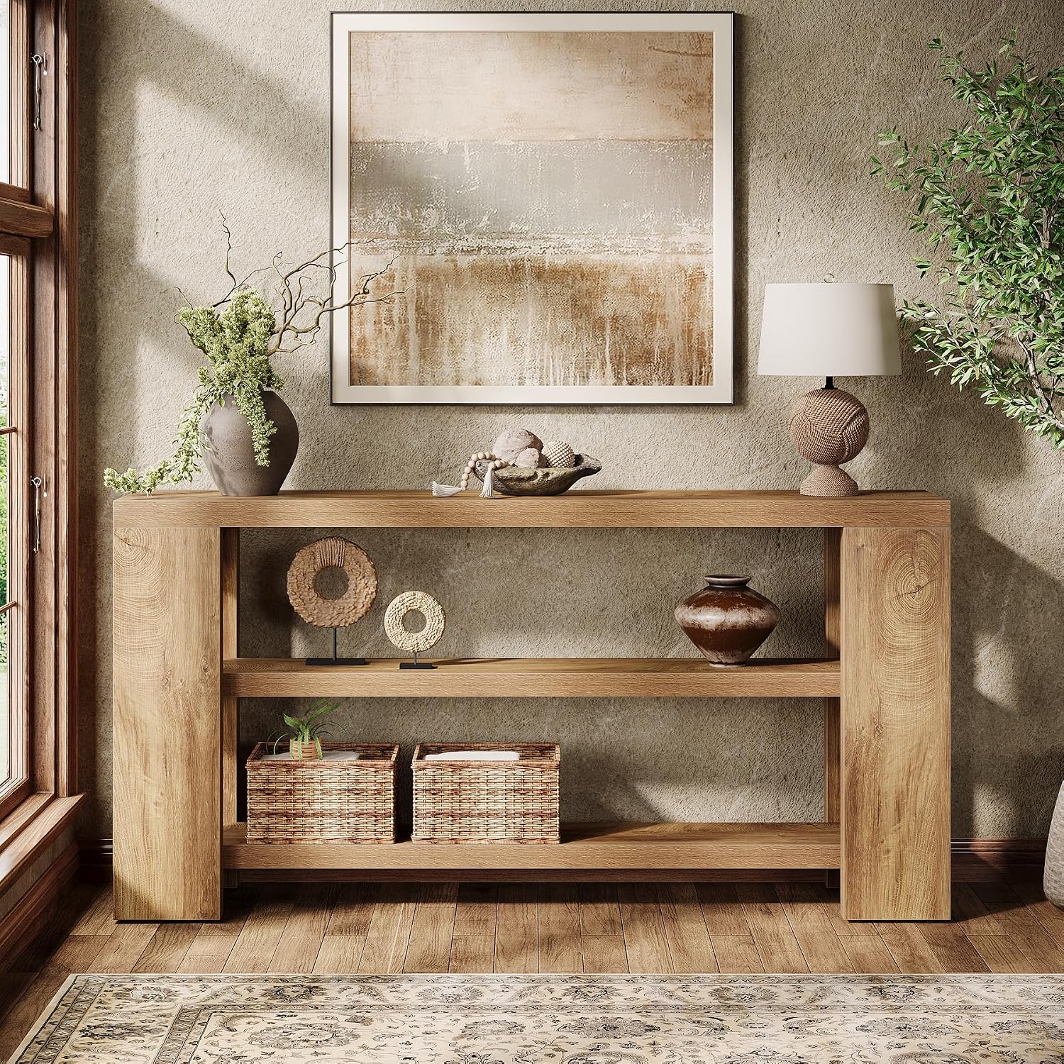 Extra Long Console Table with Storage, Narrow Wooden Sofa Table Behind The Couch, Farmhouse 3-Tier Entry Foyer Table for Entryway