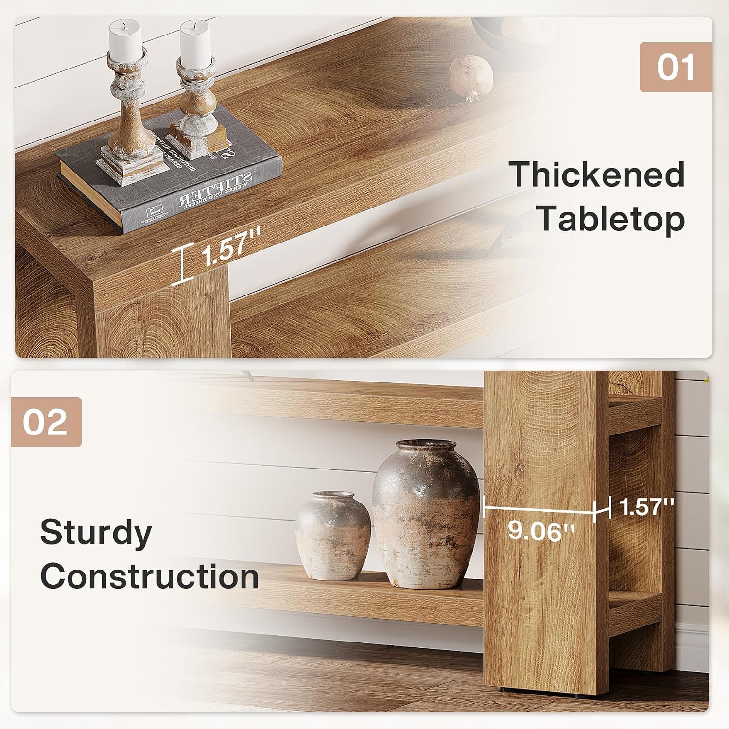 Extra Long Console Table with Storage, Narrow Wooden Sofa Table Behind The Couch, Farmhouse 3-Tier Entry Foyer Table for Entryway