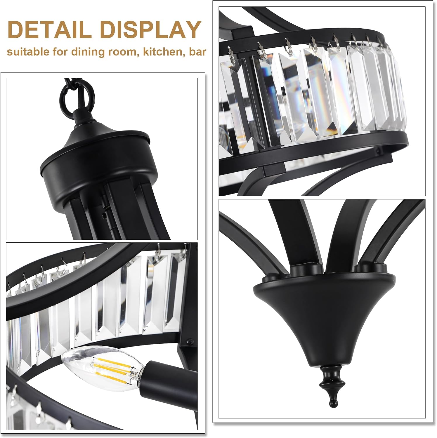 16" Modern Black Crystal Chandelier, 4-Light Farmhouse Dining Room Light Fixtures Over Table Hanging, Antique Round Pendant Lights Kitchen Island Entryway Bedroom Office Stairwell Hallway