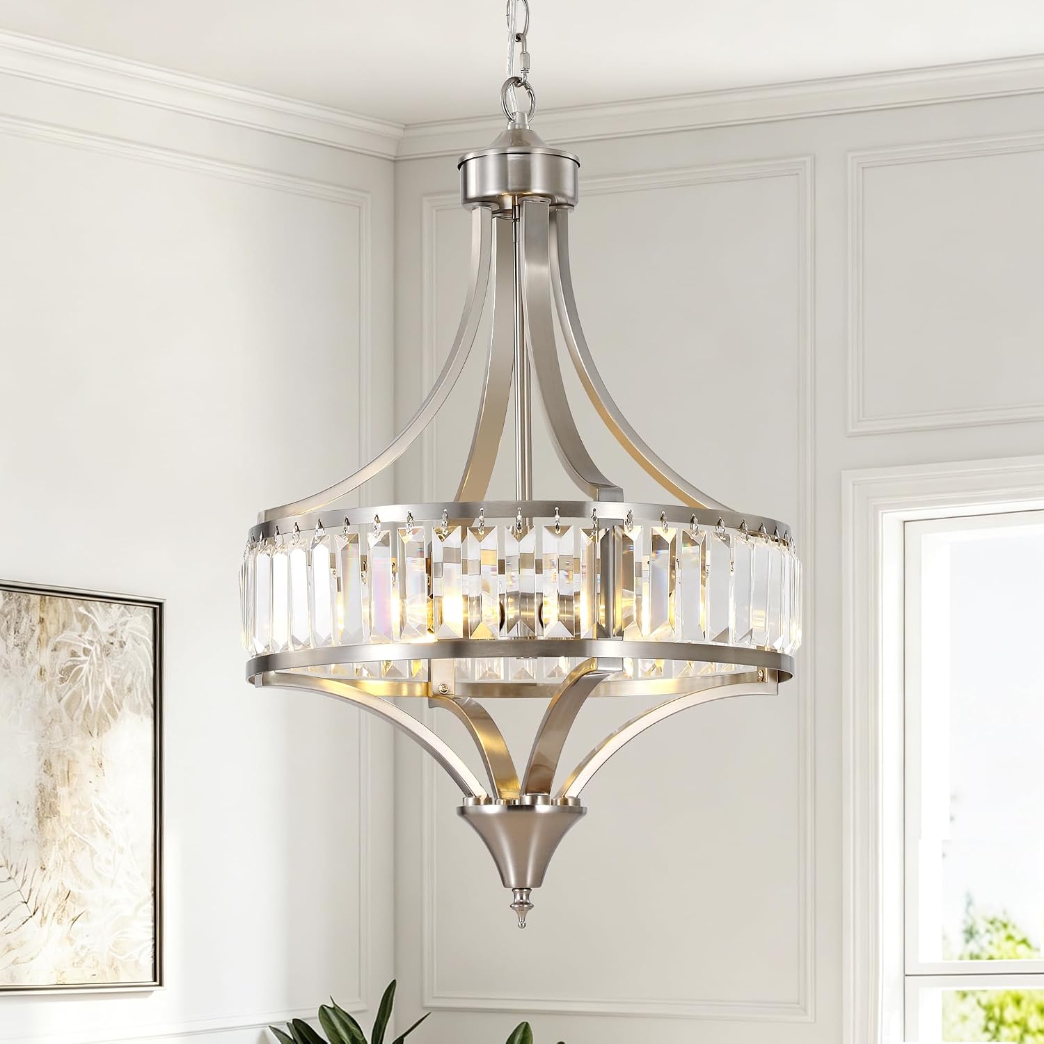 16" Modern Black Crystal Chandelier, 4-Light Farmhouse Dining Room Light Fixtures Over Table Hanging, Antique Round Pendant Lights Kitchen Island Entryway Bedroom Office Stairwell Hallway