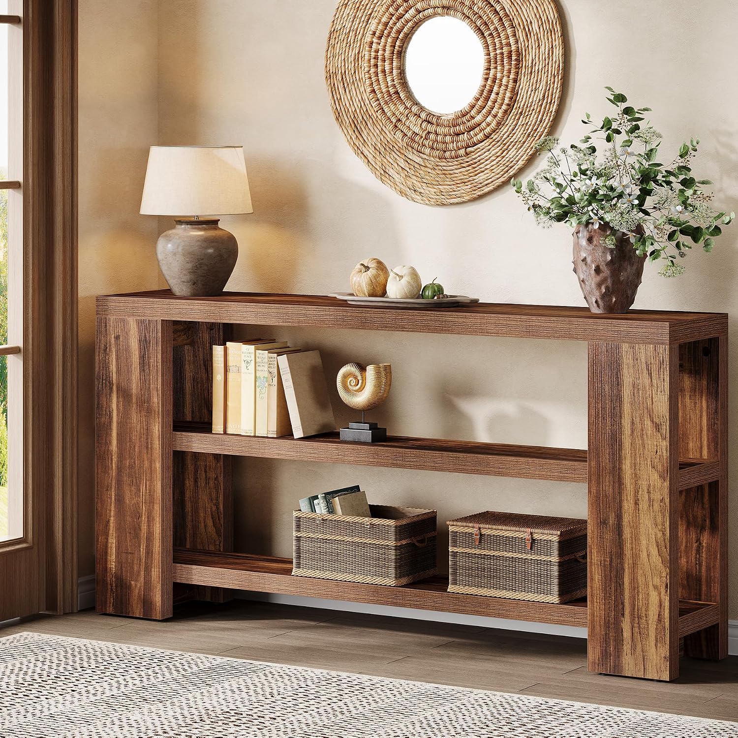 Extra Long Console Table with Storage, Narrow Wooden Sofa Table Behind The Couch, Farmhouse 3-Tier Entry Foyer Table for Entryway