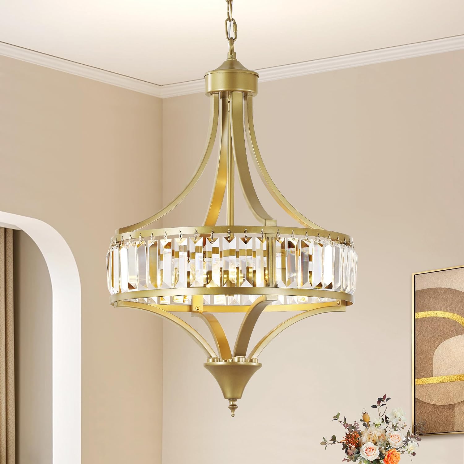 16" Modern Black Crystal Chandelier, 4-Light Farmhouse Dining Room Light Fixtures Over Table Hanging, Antique Round Pendant Lights Kitchen Island Entryway Bedroom Office Stairwell Hallway