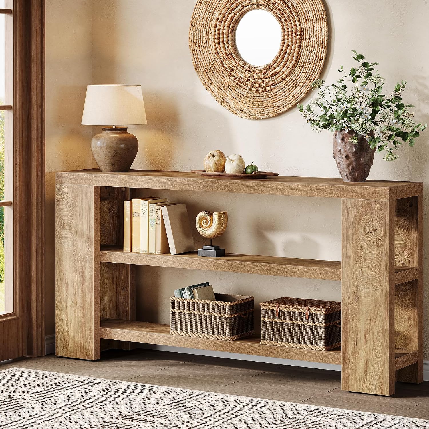Extra Long Console Table with Storage, Narrow Wooden Sofa Table Behind The Couch, Farmhouse 3-Tier Entry Foyer Table for Entryway