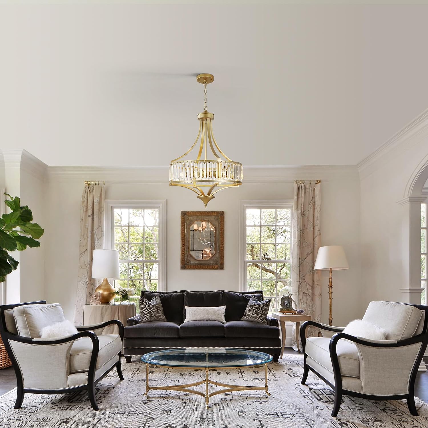 20" Modern Crystal Chandelier, 5-Light Gold Dinning Room Light Fixtures Over Table, Hanging Round Pendant Chandelier for Kitchen Island Entryway Bedroom Office Bathroom Stairwell