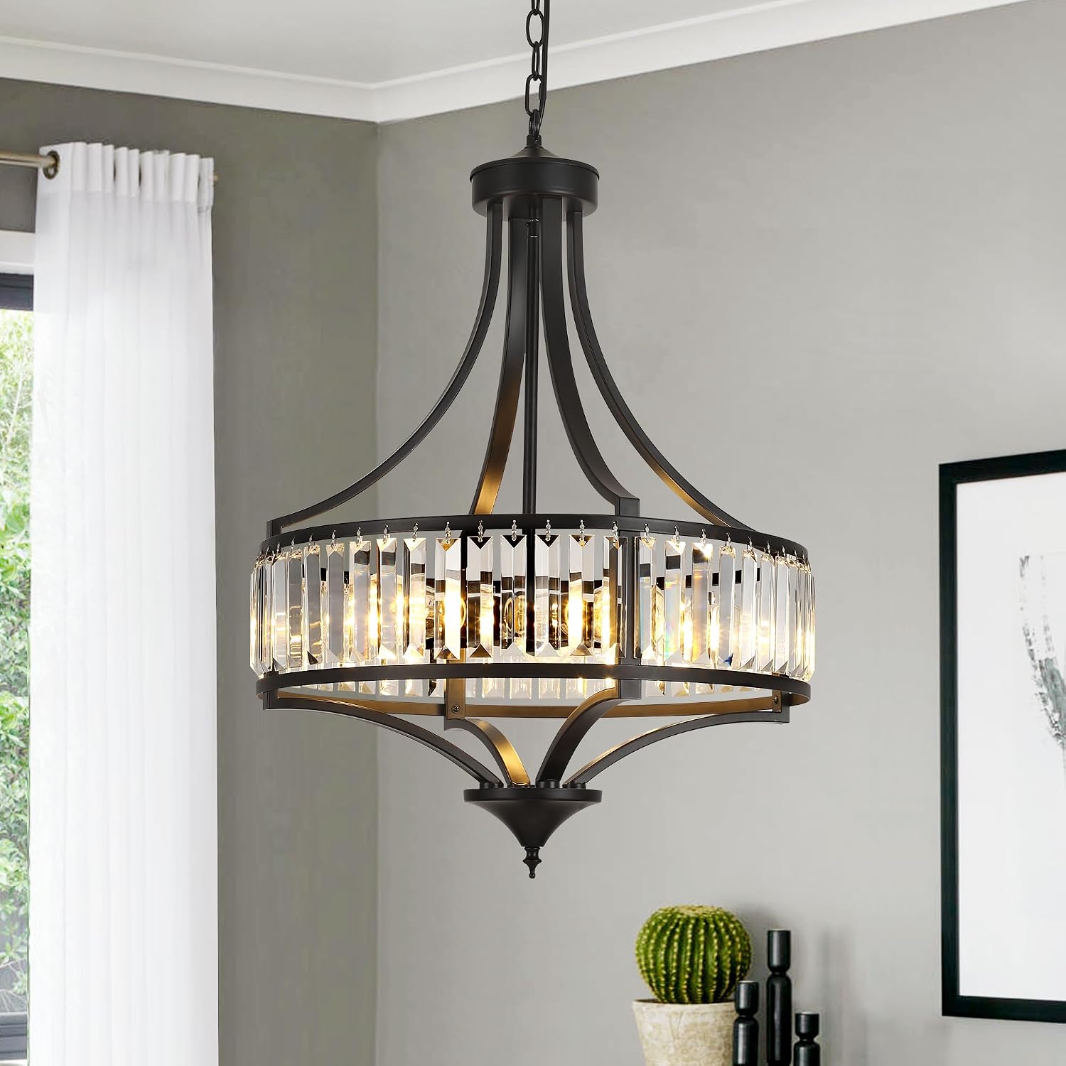 20" Modern Crystal Chandelier, 5-Light Gold Dinning Room Light Fixtures Over Table, Hanging Round Pendant Chandelier for Kitchen Island Entryway Bedroom Office Bathroom Stairwell