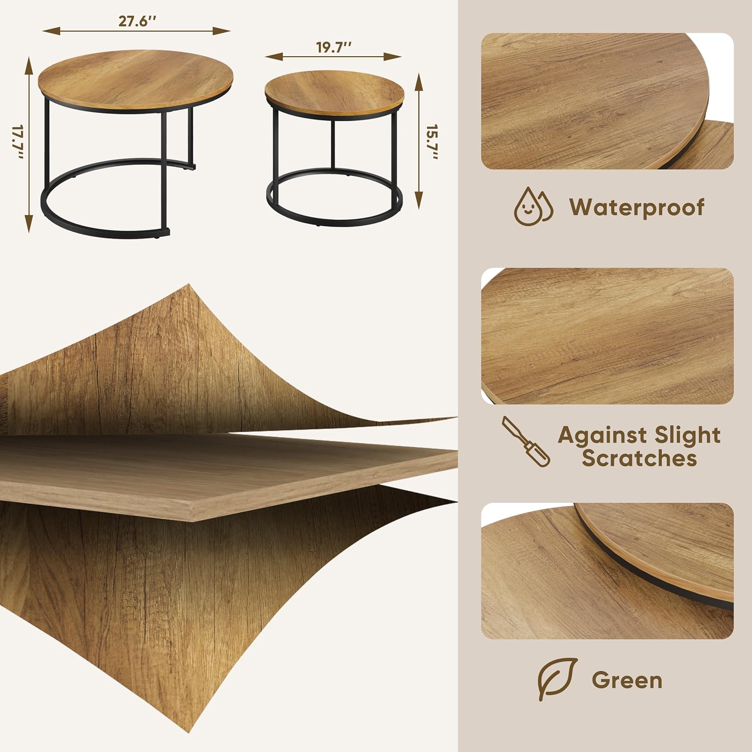 Round Coffee Table Wood Grain Top with Adjustable Non-Slip Feet