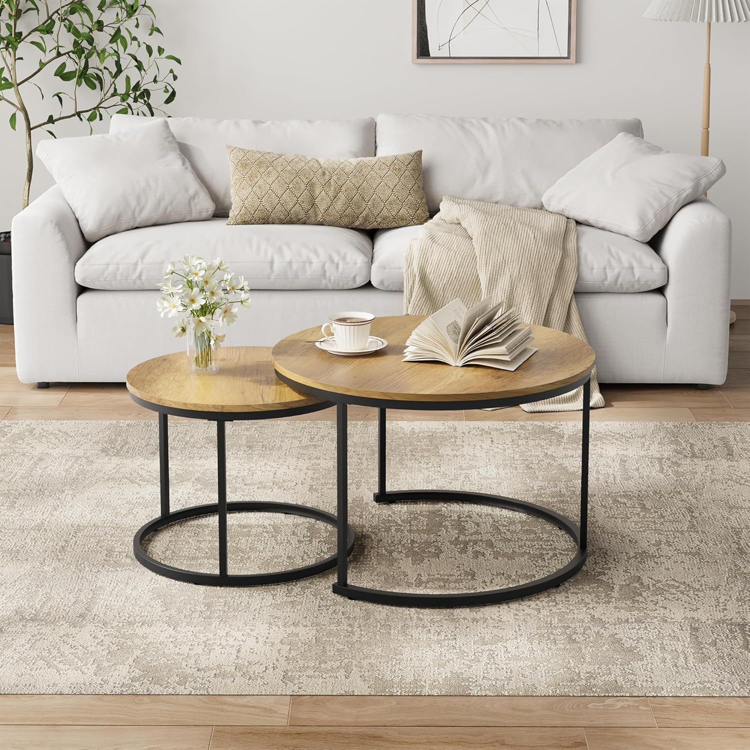 Round Coffee Table Wood Grain Top with Adjustable Non-Slip Feet