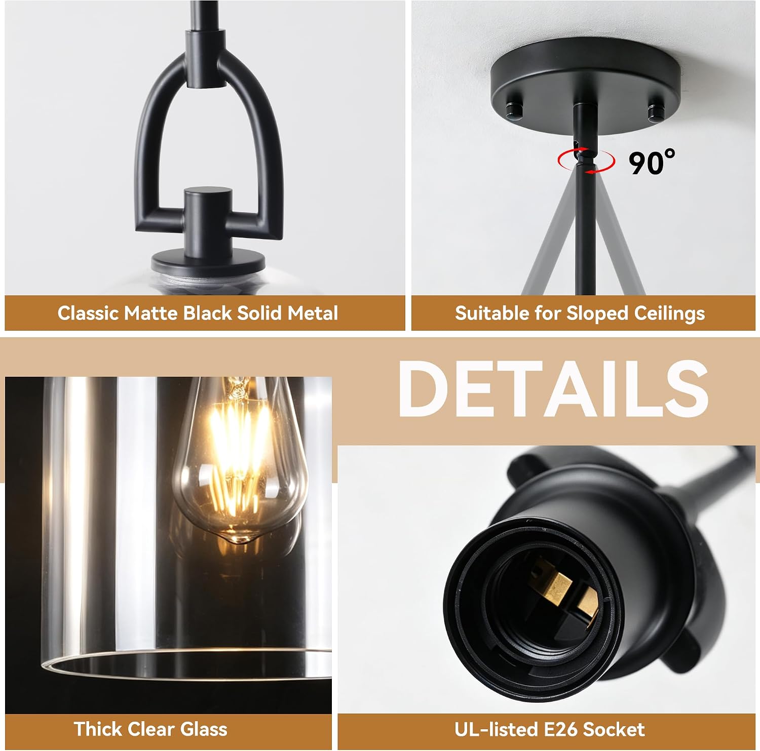 Modern Glass Pendant Light, Black Kitchen Island Lighting, 7.1 in(D)