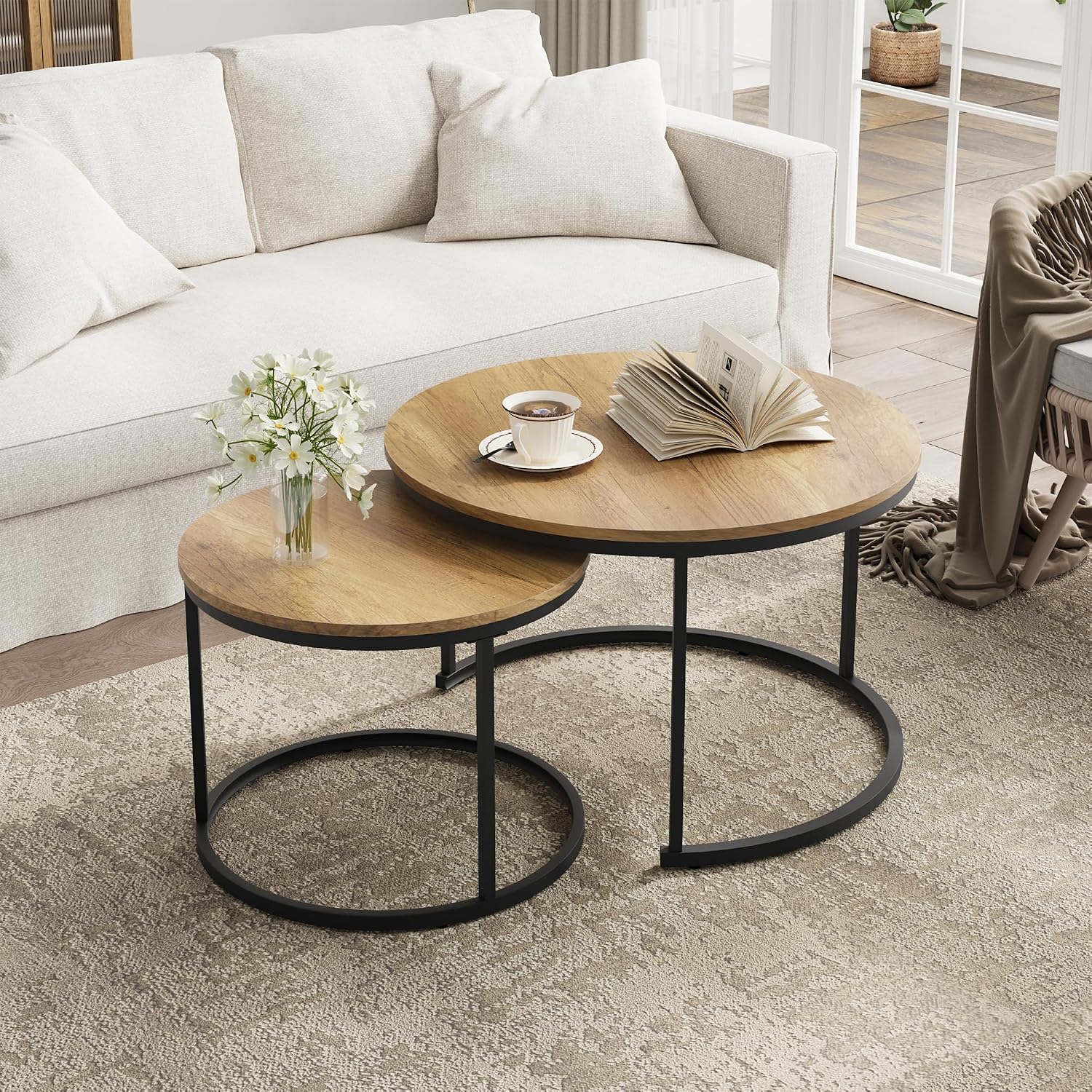 Round Coffee Table Wood Grain Top with Adjustable Non-Slip Feet