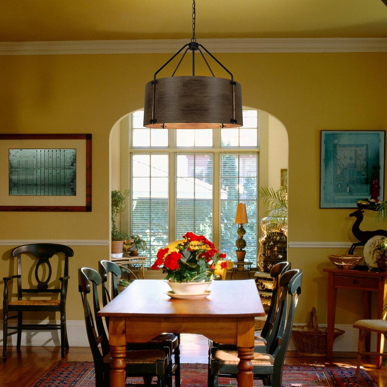6-Light Farmhouse Dining Room Light Fixtures Over Table, Vintage Industrial Large Drum Chandelier, Rustic Round Coastal Chandelier for Entryway Kitchen Island, Antique Woodgrain Finishe