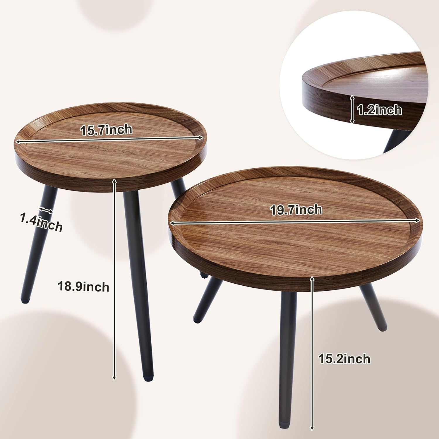 2 Piece Small Round Coffee Table Set, Mid Century Modern Coffee Tables for Living Room, Walnut Nesting Tables for Small Spaces