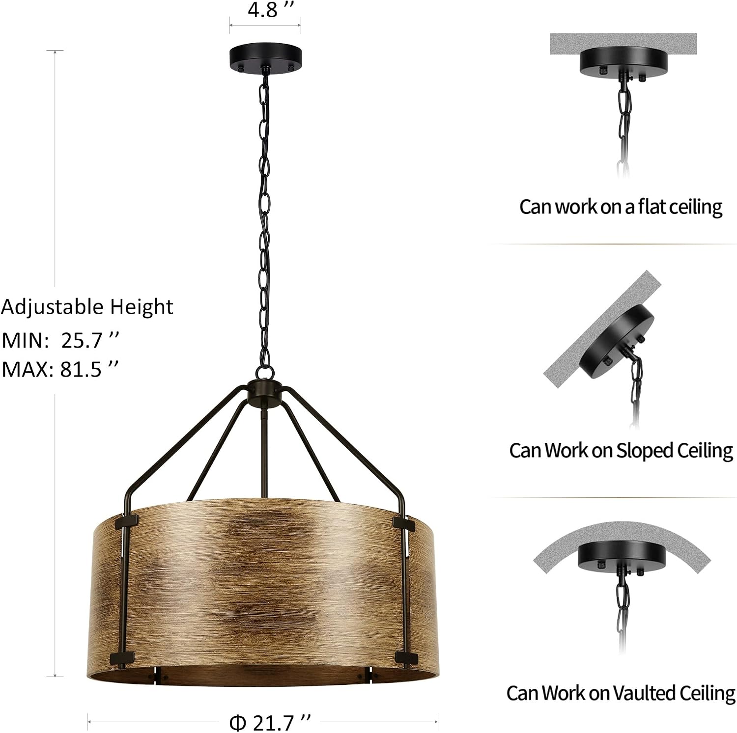 6-Light Farmhouse Dining Room Light Fixtures Over Table, Vintage Industrial Large Drum Chandelier, Rustic Round Coastal Chandelier for Entryway Kitchen Island, Antique Woodgrain Finishe