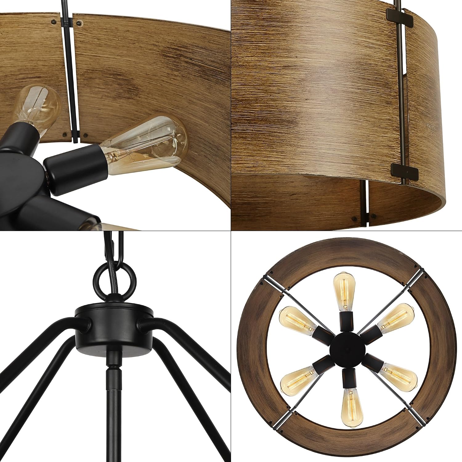6-Light Farmhouse Dining Room Light Fixtures Over Table, Vintage Industrial Large Drum Chandelier, Rustic Round Coastal Chandelier for Entryway Kitchen Island, Antique Woodgrain Finishe