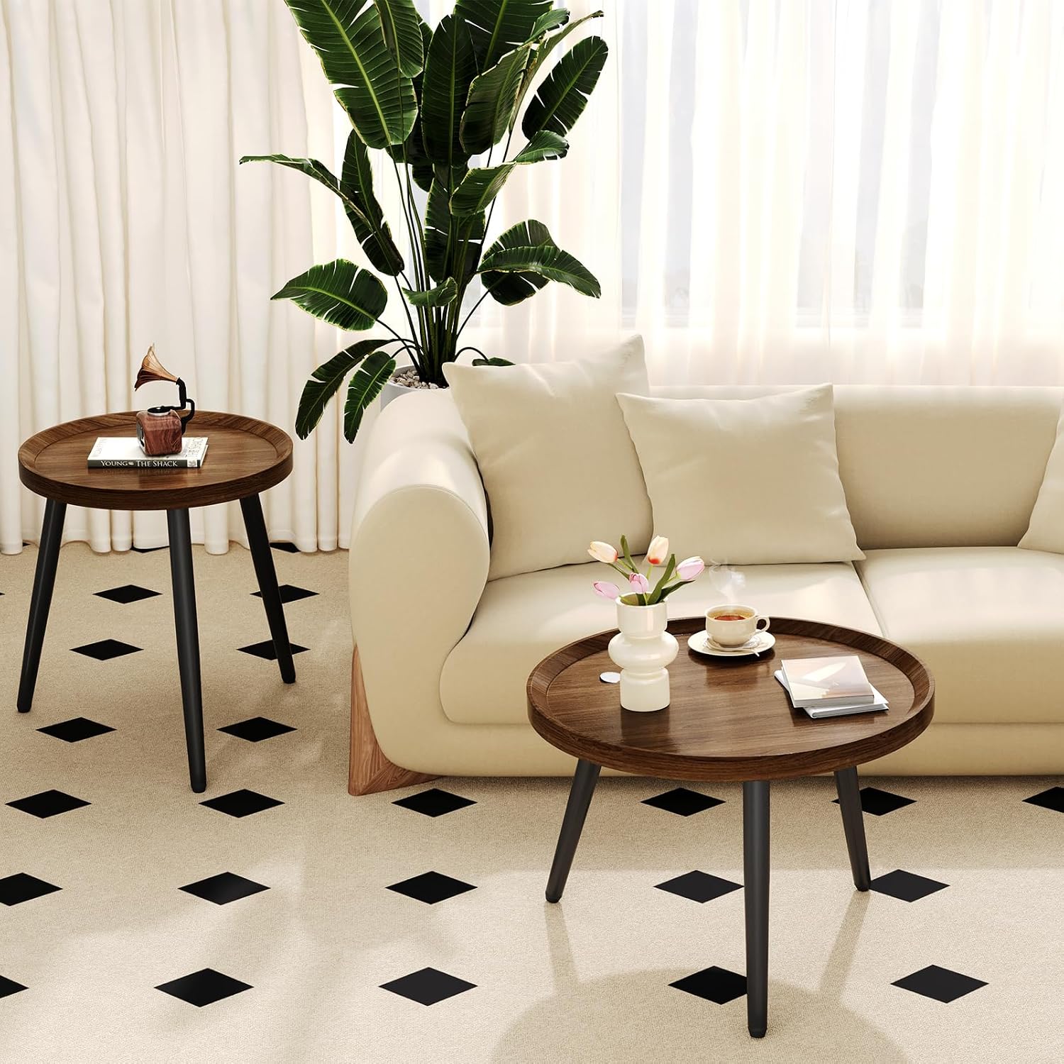 2 Piece Small Round Coffee Table Set, Mid Century Modern Coffee Tables for Living Room, Walnut Nesting Tables for Small Spaces