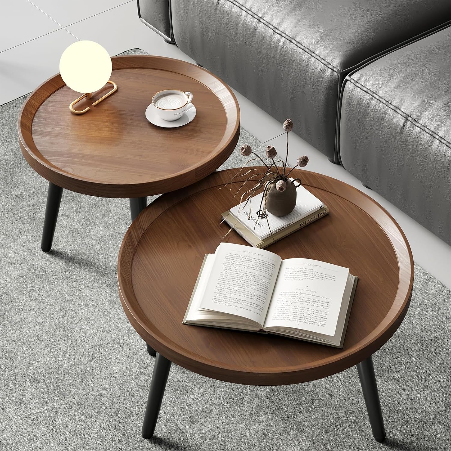 2 Piece Small Round Coffee Table Set, Mid Century Modern Coffee Tables for Living Room, Walnut Nesting Tables for Small Spaces