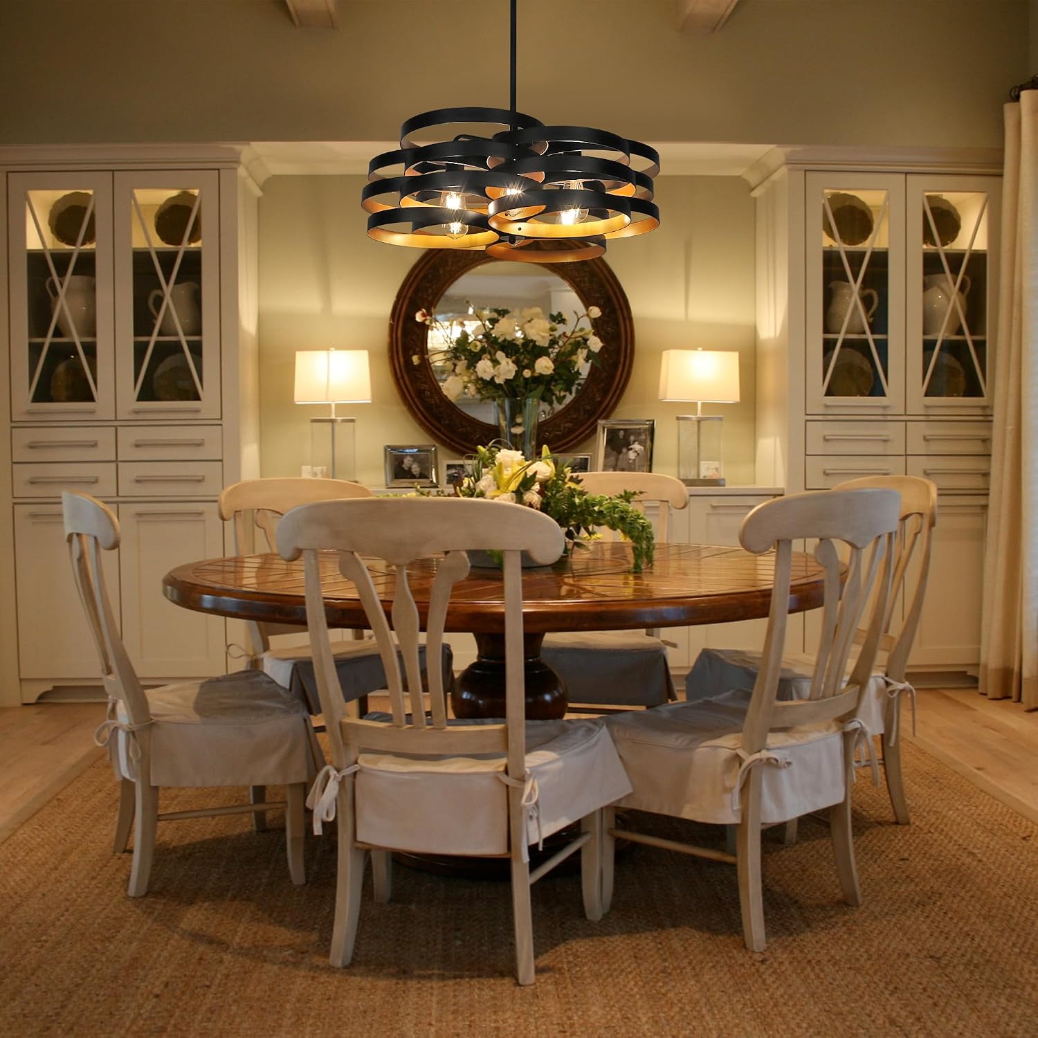 6-Light Modern Farmhouse Chandeliers for Dining Room, Rustic Multiple Rings Pendant Lighting, Industrial Metal Round Chandelier for Kitchen Entryway, Black with Gold Interior