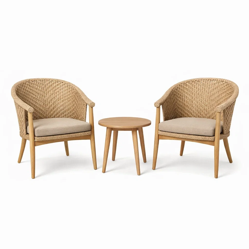 Ensemble de détente en bois et rotin synthétique avec fauteuils et table basse-Decor Charm Home