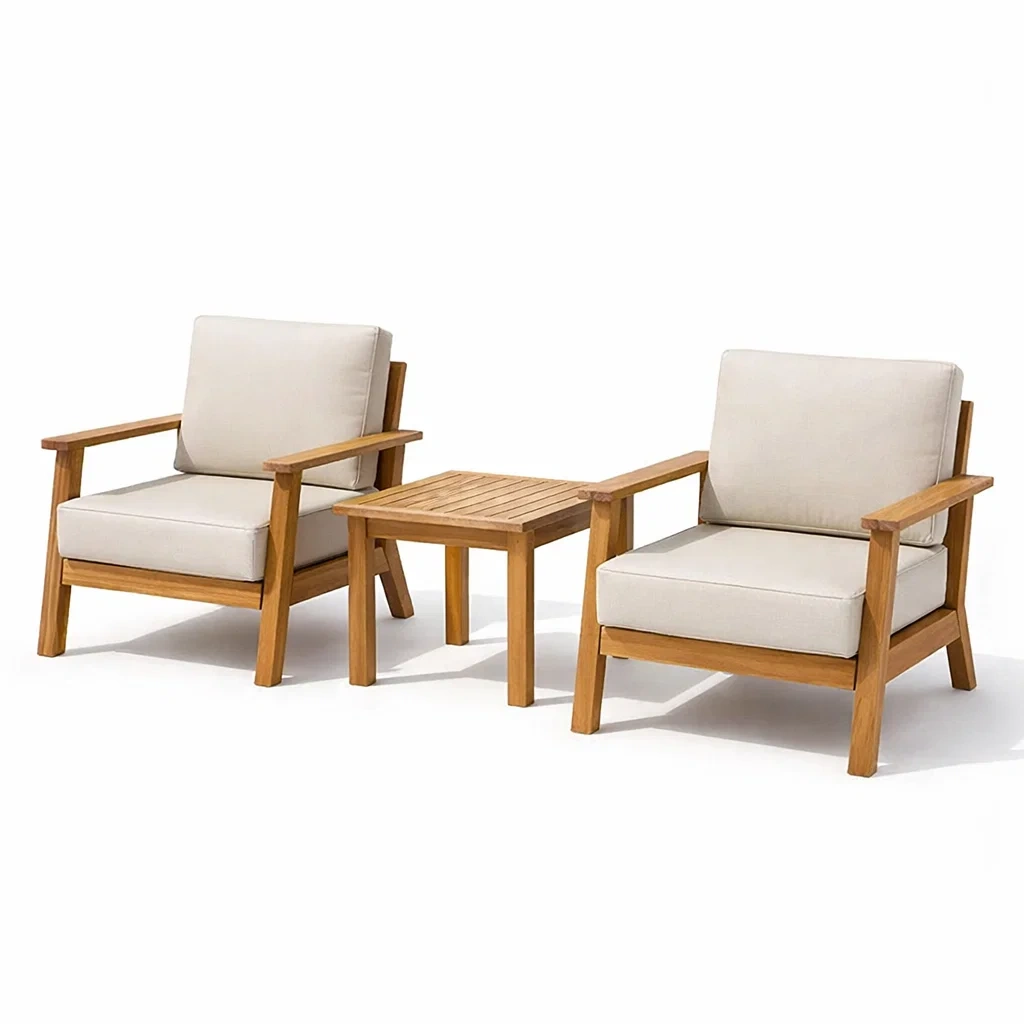 Ensemble de détente en bois avec fauteuils et coussins beige et table-Decor Charm Home