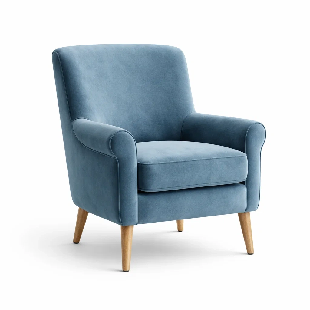 Fauteuil en velours bleu avec pieds en bois-homestyleo