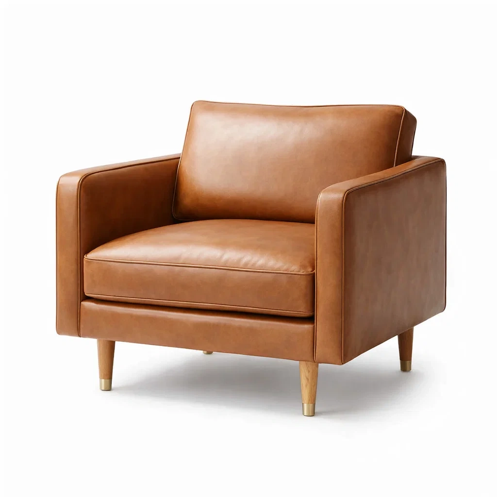 Fauteuil en cuir marron clair avec pieds en bois massif-homestyleo
