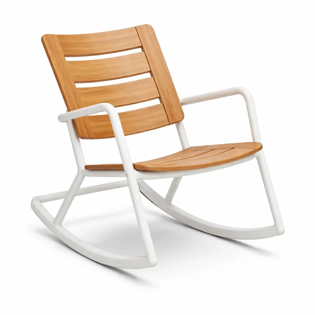 Fauteuil à bascule en bois de teck et métal blanc-homestyleo