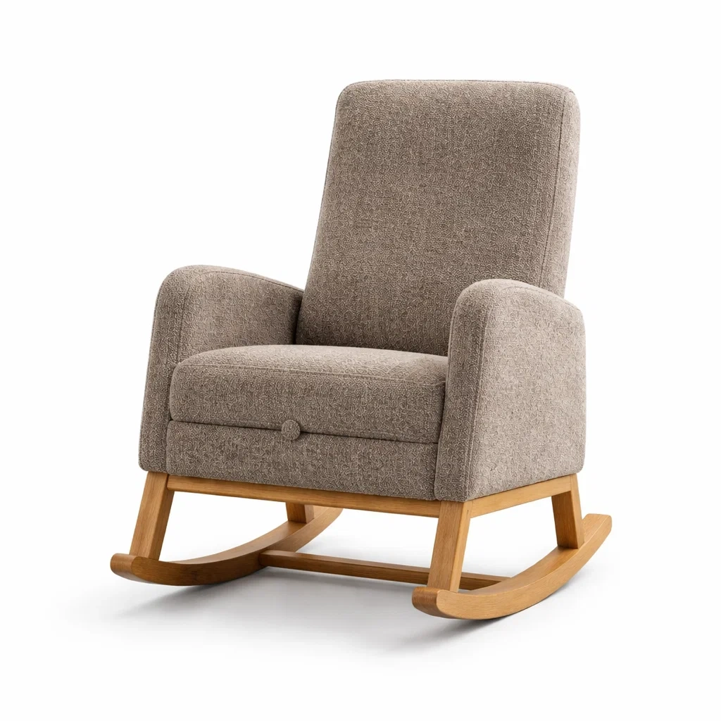 Fauteuil à bascule en tissu gris avec structure en bois-homestyleo
