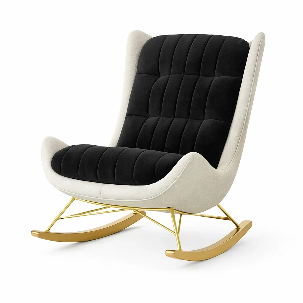 Fauteuil à bascule en velours noir et beige avec structure en métal doré-homestyleo