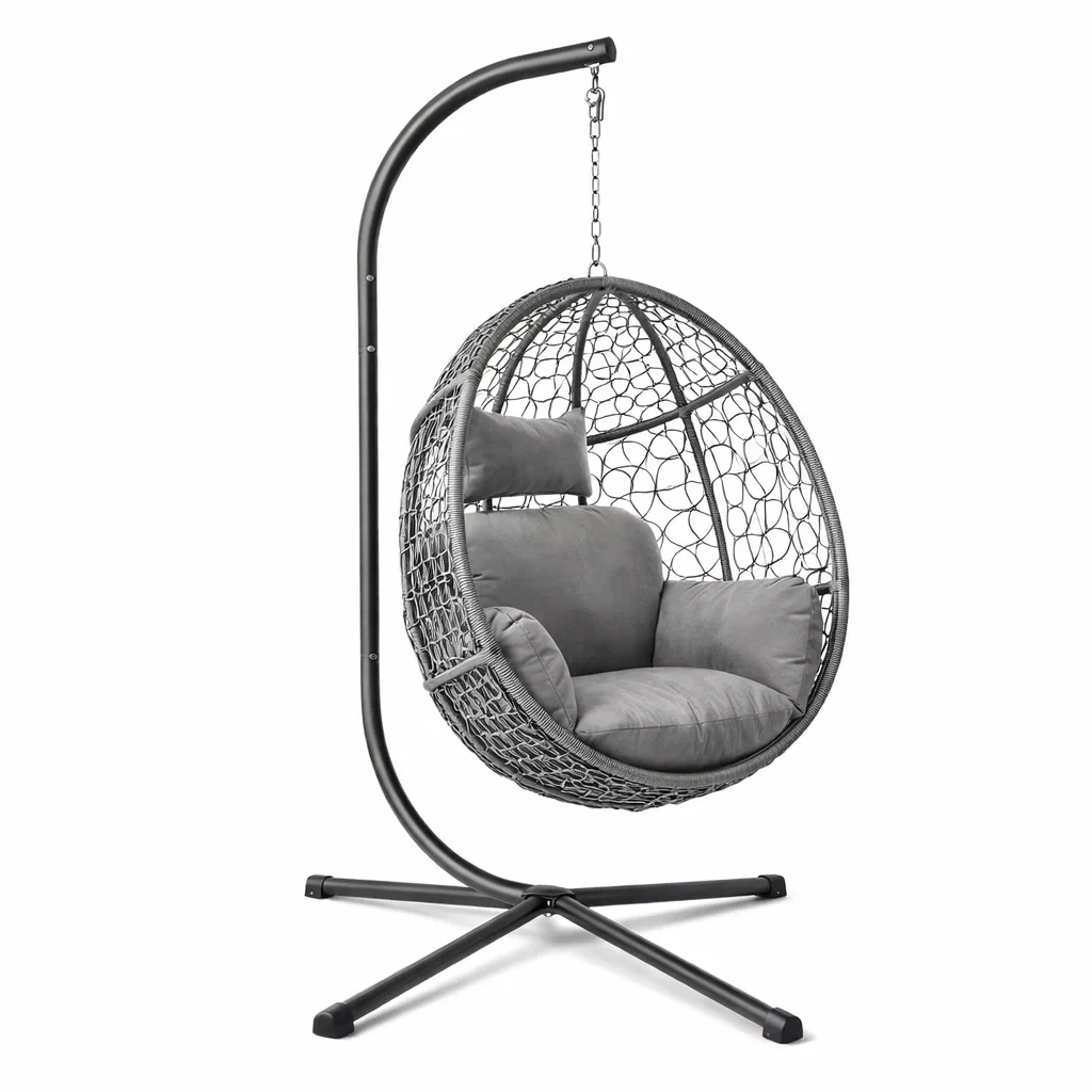Fauteuil œuf suspendu en métal et cordage gris avec coussins-homestyleo