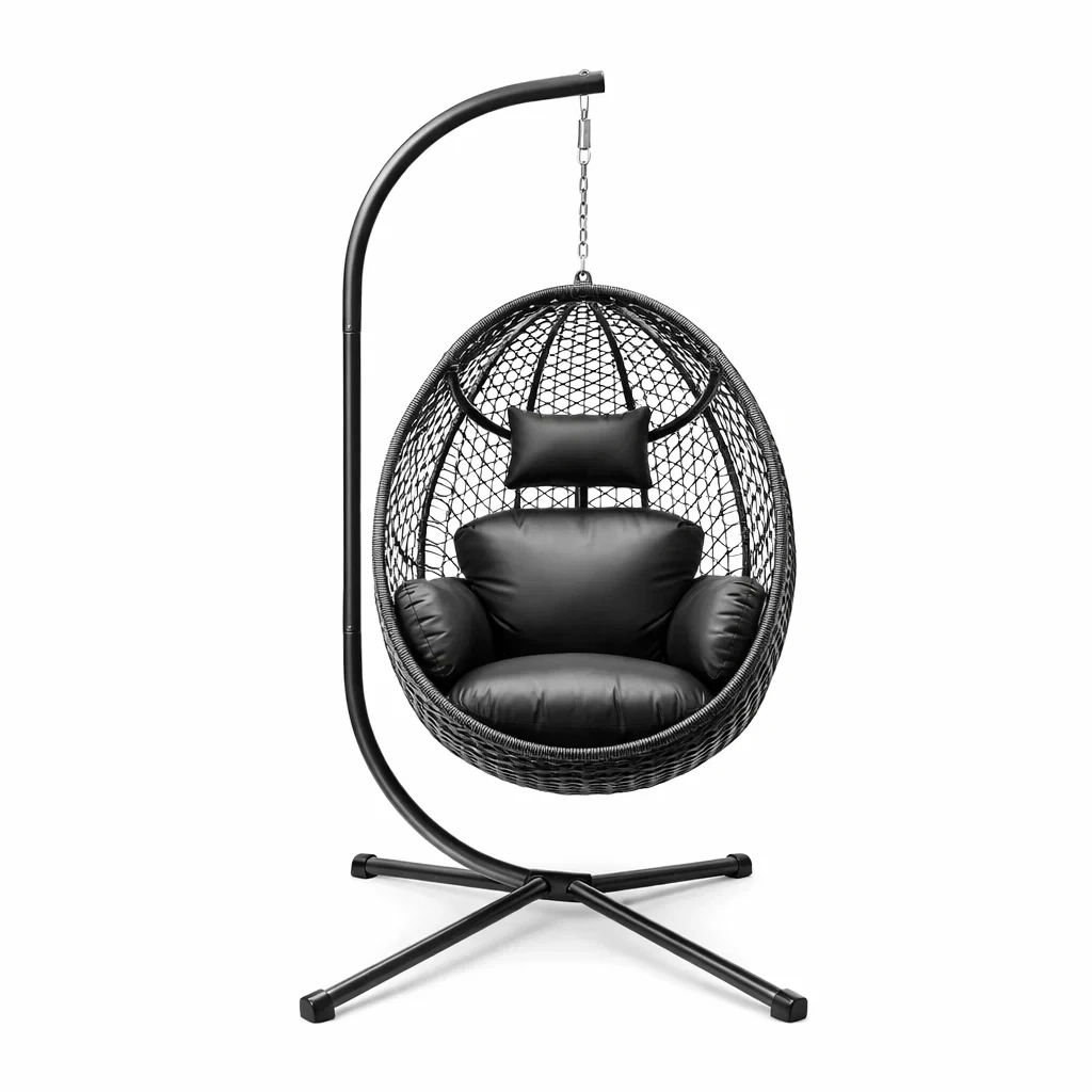 Fauteuil œuf suspendu en métal et résine avec coussin en similicuir-homestyleo