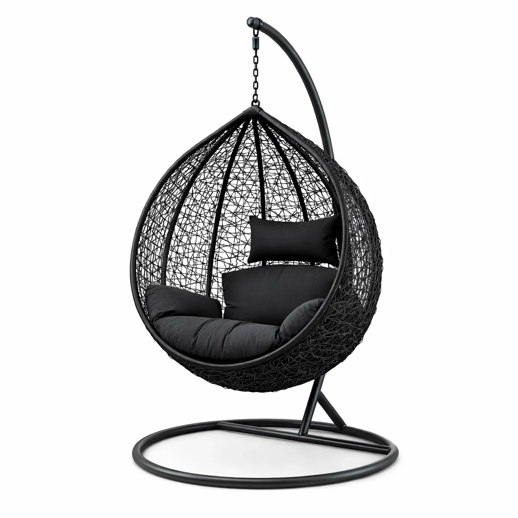 Fauteuil œuf suspendu en rotin synthétique noir avec cadre métallique et coussins en polyester-homestyleo