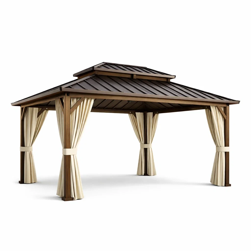 Pavillon de jardin en aluminium et bois avec rideaux beiges-homestyleo