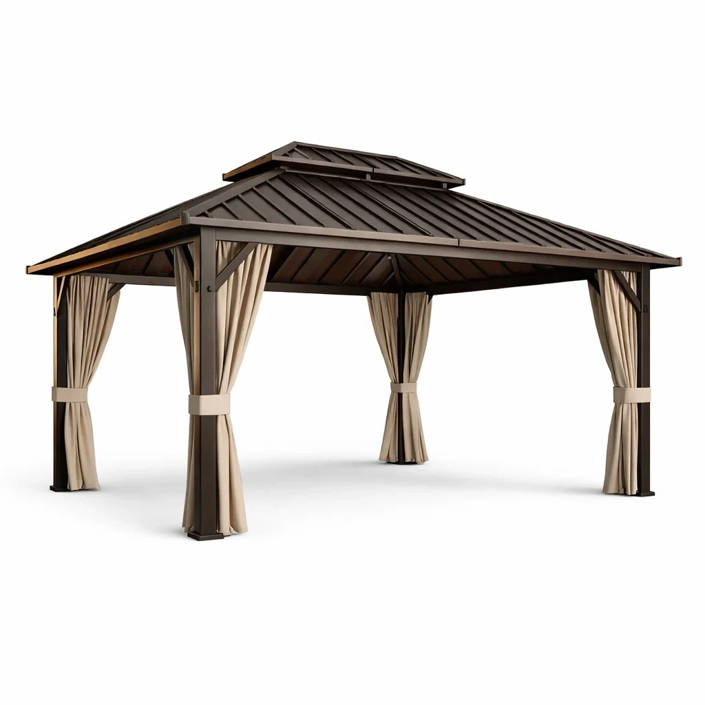 Pavillon d'extérieur en aluminium avec toit en acier brun et rideaux en polyester beige-homestyleo